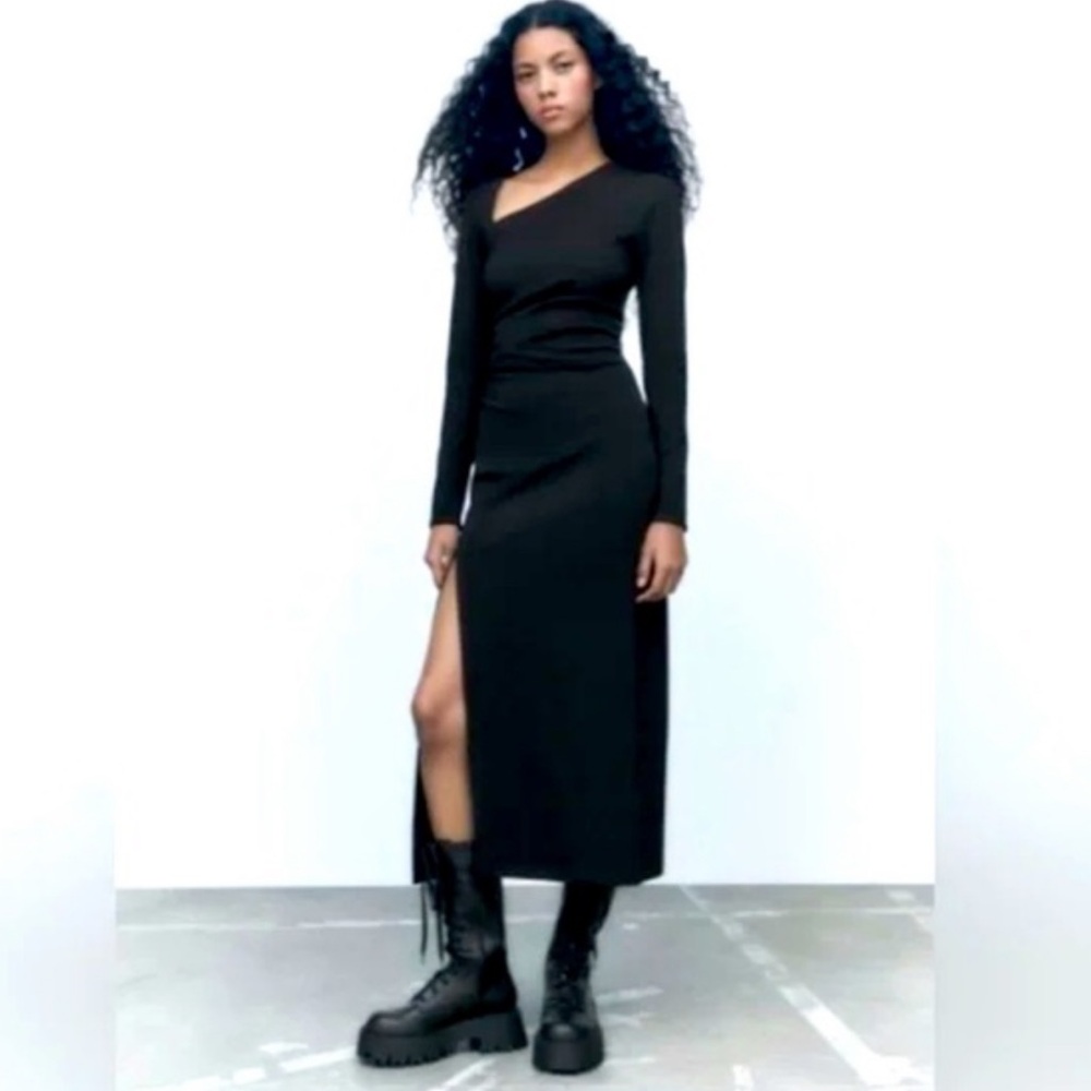 Zara Asymmetric Neck Black Dress Long Sleeve